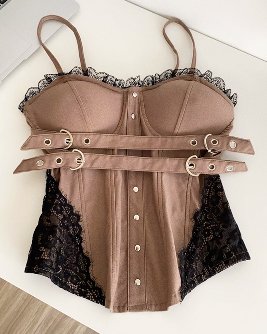 Bustier marron à dentelle noire