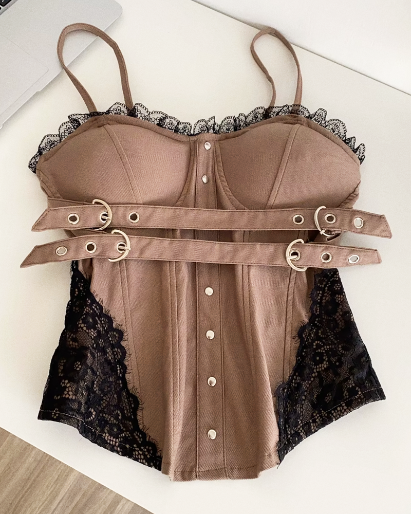 Bustier marron à dentelle noire