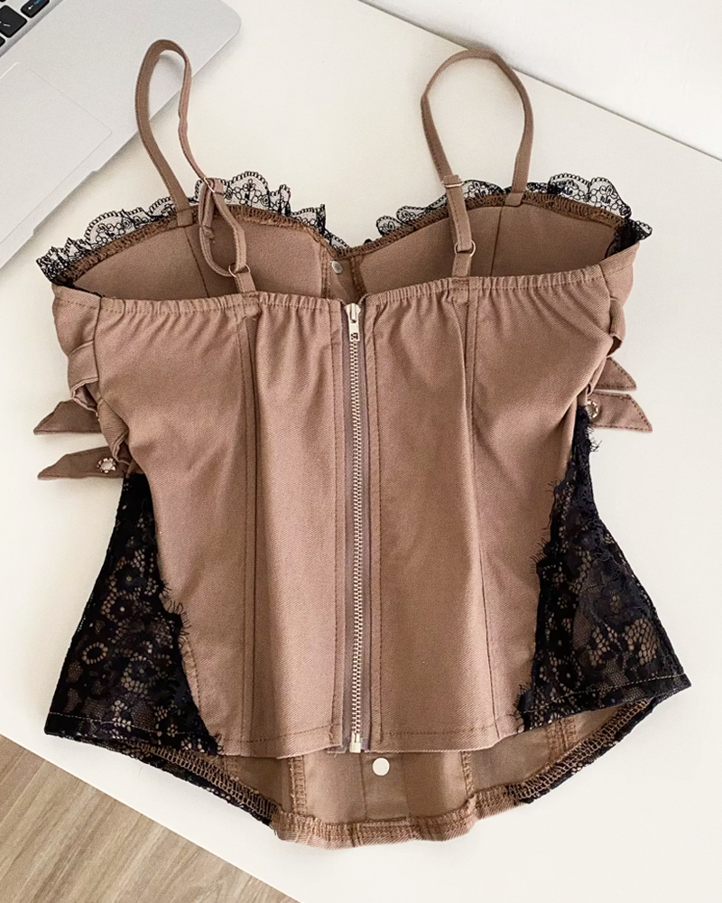 Bustier marron à dentelle noire