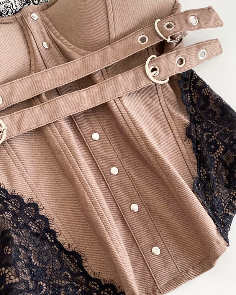 Bustier marron à dentelle noire