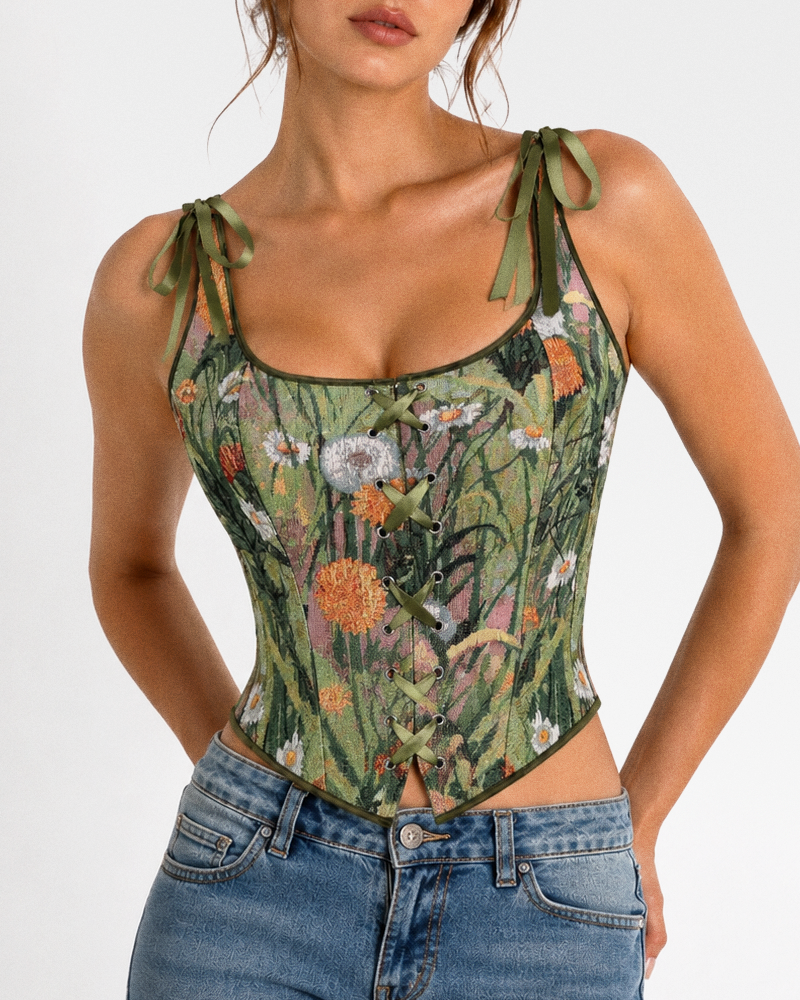 Corset bustier vert fleuri